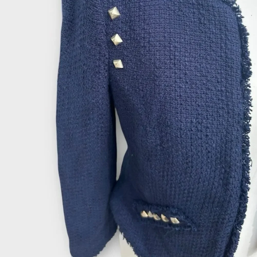 Zara Navy Tweed Frayed-Edge Blazer with Stud Accents - Picture 8 of 9